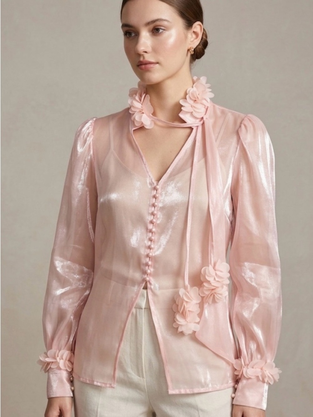 Whimsical Iridescent Pastel Pink Organza Blouse with 3D Floral Details